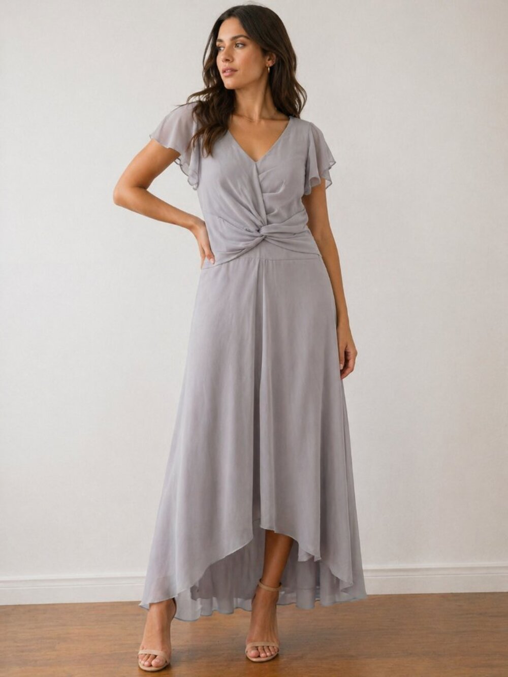 Taupe Twist Front Midi Dress XL Flowy Occasion Dress